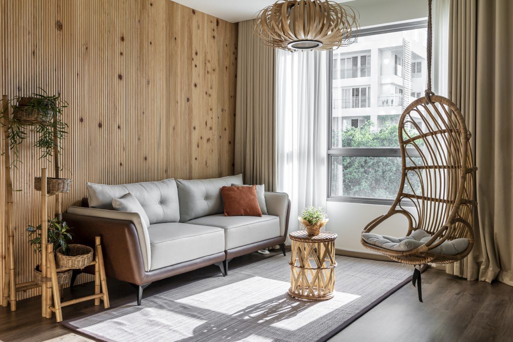 Living room of Diamond Island Apartment with Wabi-Sabi interior design style.