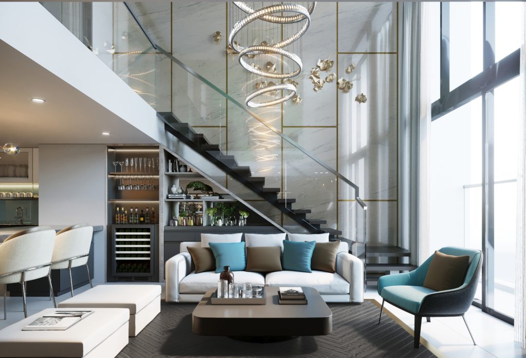 Central staircase with glass railing and black steps at Botanic Penthouse