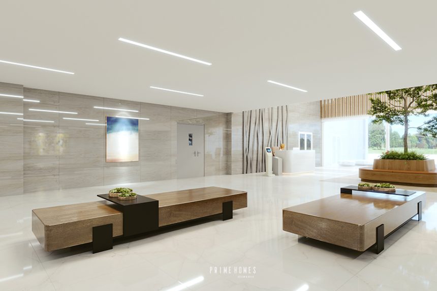 Waiting area with cushioned chairs and wooden benches in Hong Duc Hospital – District 12