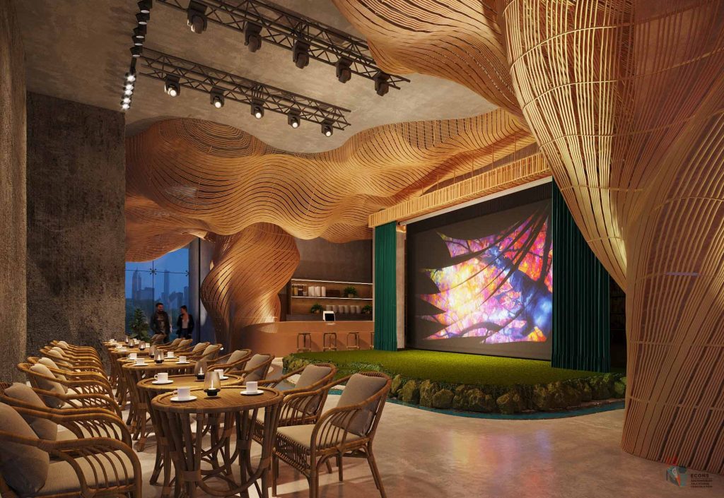 Dynamic wooden ceiling highlights nature-inspired design in Sunwah Book Cafe