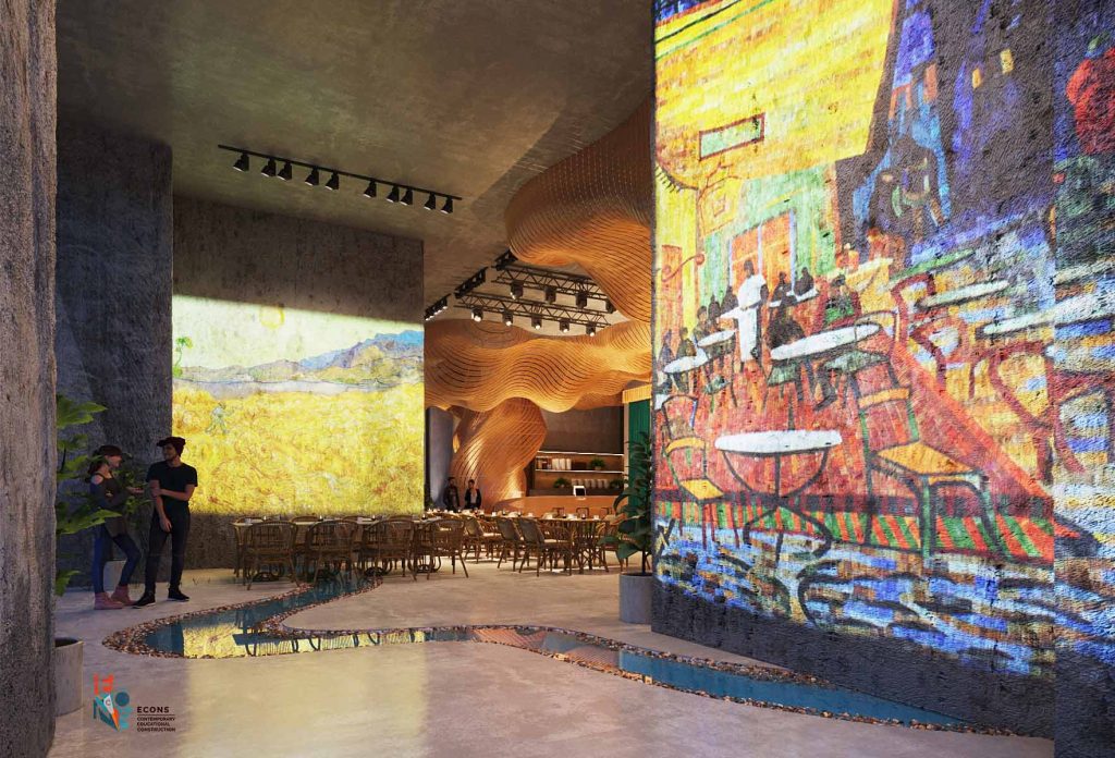 Interior of Sunwah Book Cafe featuring organic wooden ceiling design